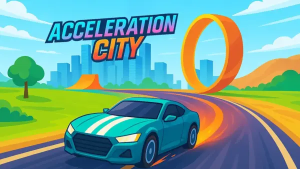 Futuristic stunt car mid-air in Acceleration City with glowing ramps and cityscape
