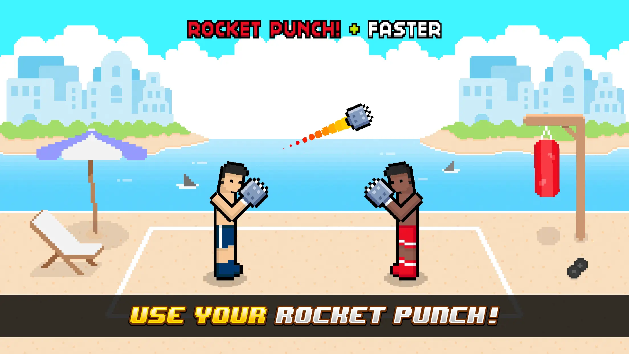 Screenshot of beach boxing arena with random power-ups