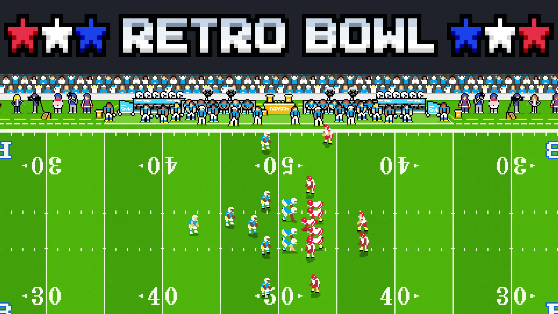 Retro Bowl gameplay showing quarterback throwing pass in pixel art style