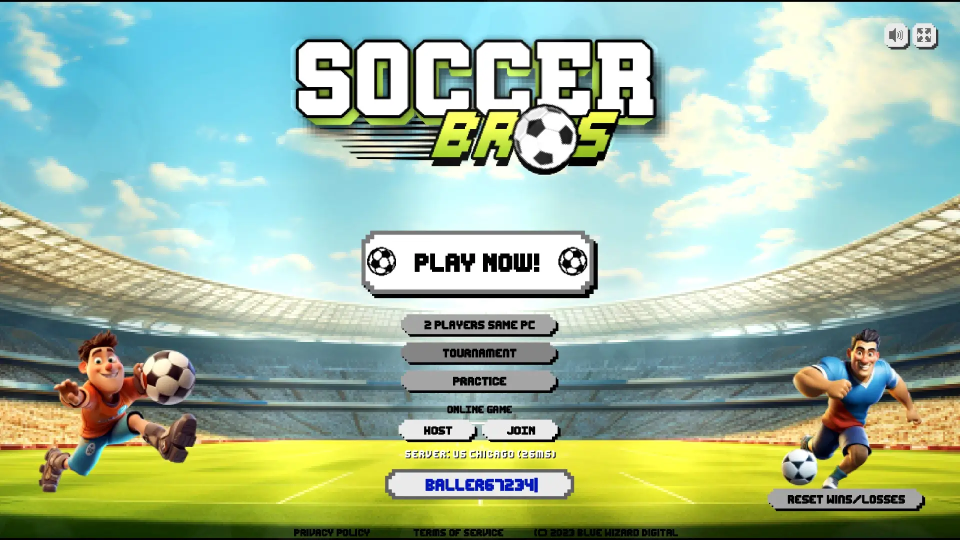 Main menu of Soccer Bros showing game modes: solo, 2-player, multiplayer