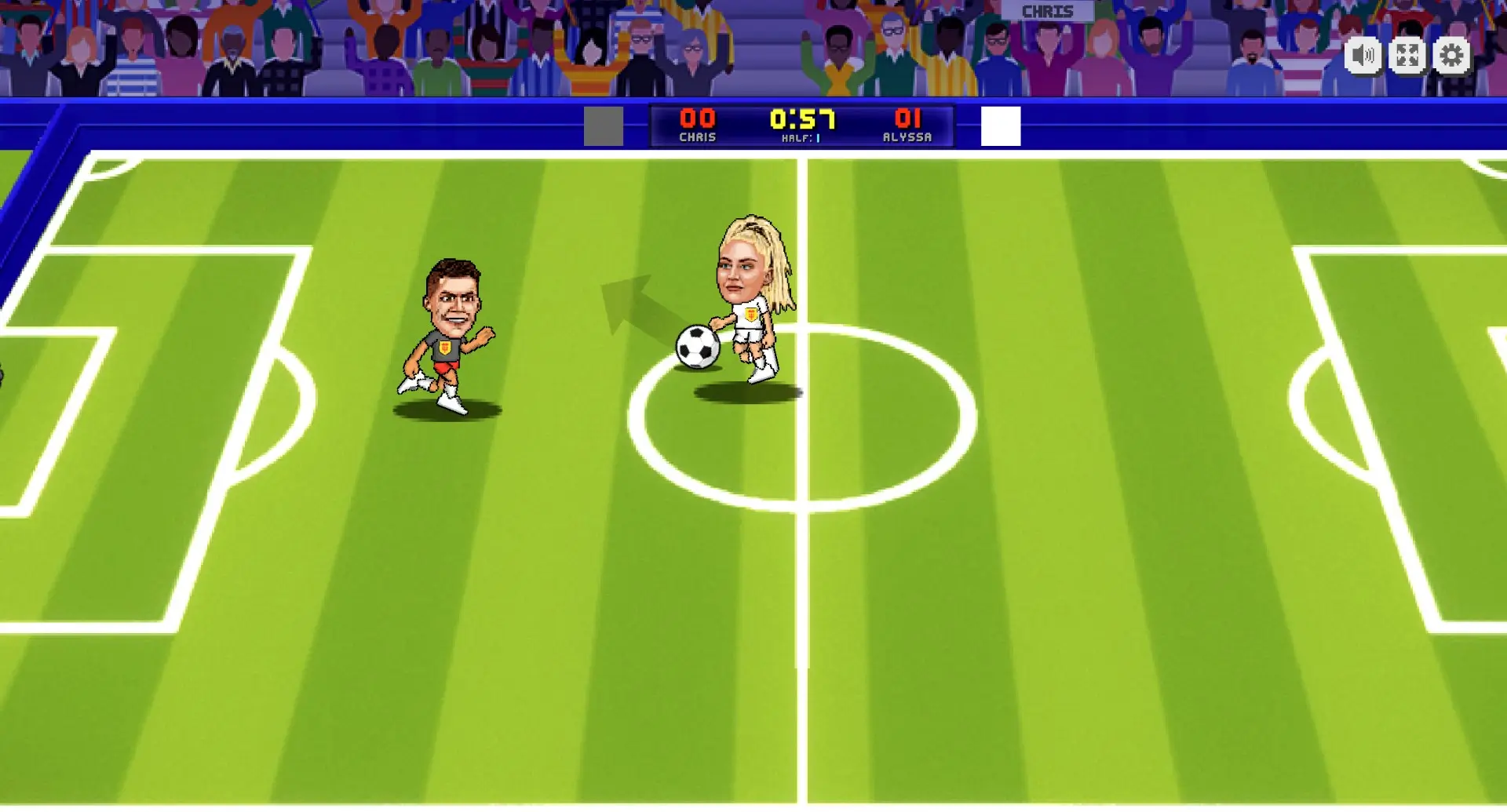 1v1 soccer match with colorful cartoon characters in Soccer Bros