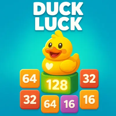 A cute duck character from the 2048 Duck Luck game dropping a numbered tile into a colorful river.