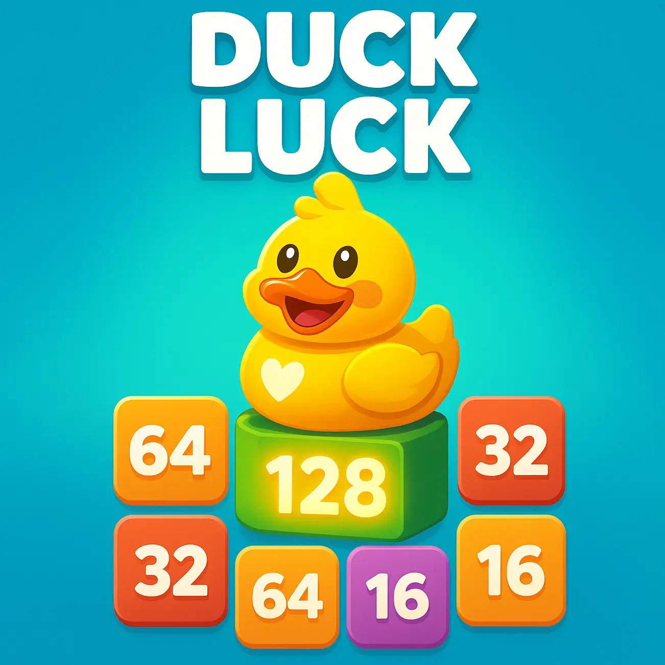A cute duck character from the 2048 Duck Luck game dropping a numbered tile into a colorful river.