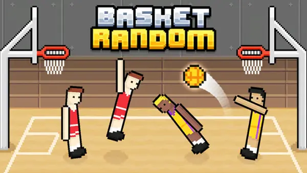 Basket Random gameplay showing ragdoll basketball players jumping for the ball