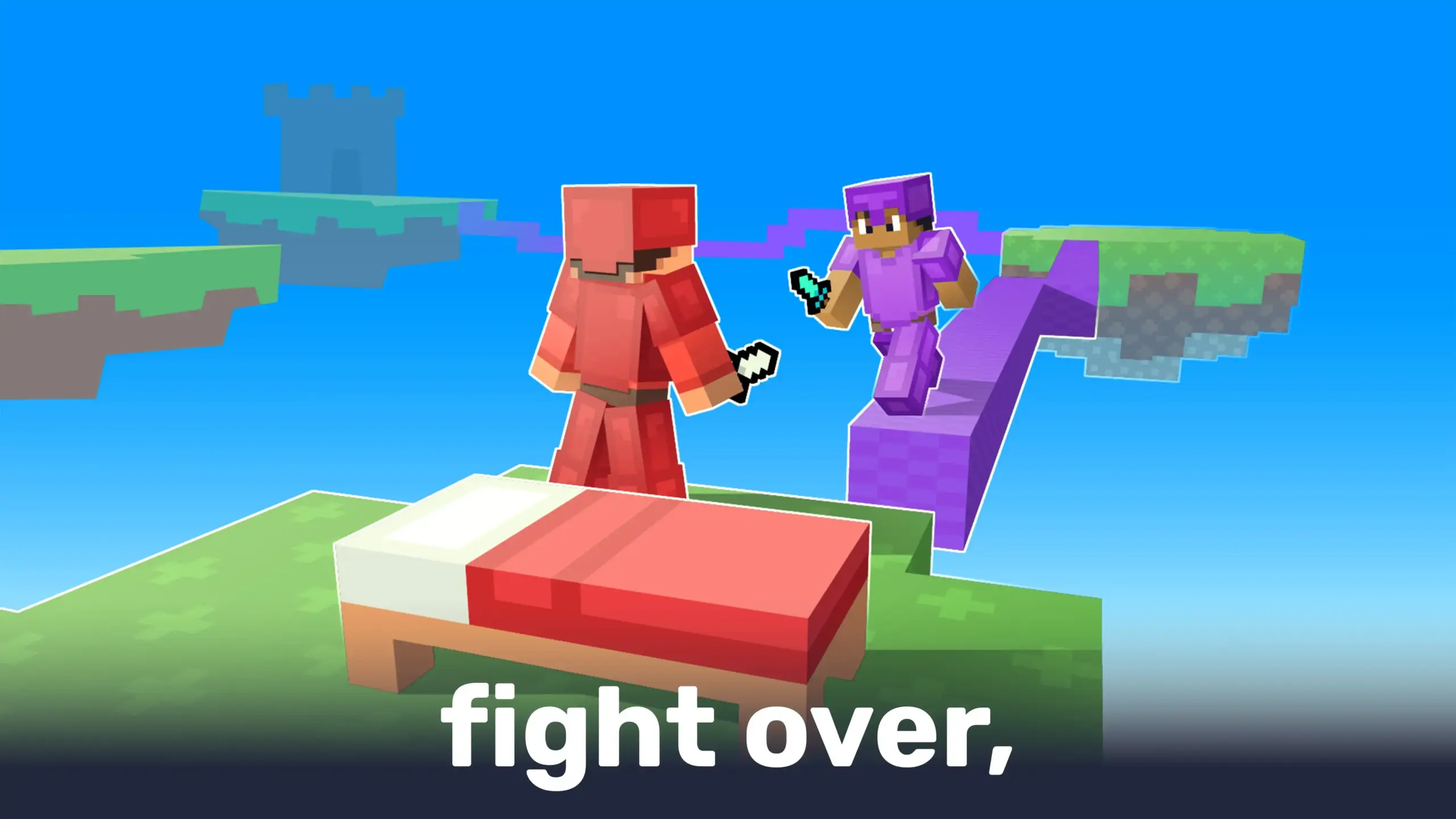 Two players in Bloxd.io Unblocked fighting with swords, one in red and the other in purple, in a voxel world.