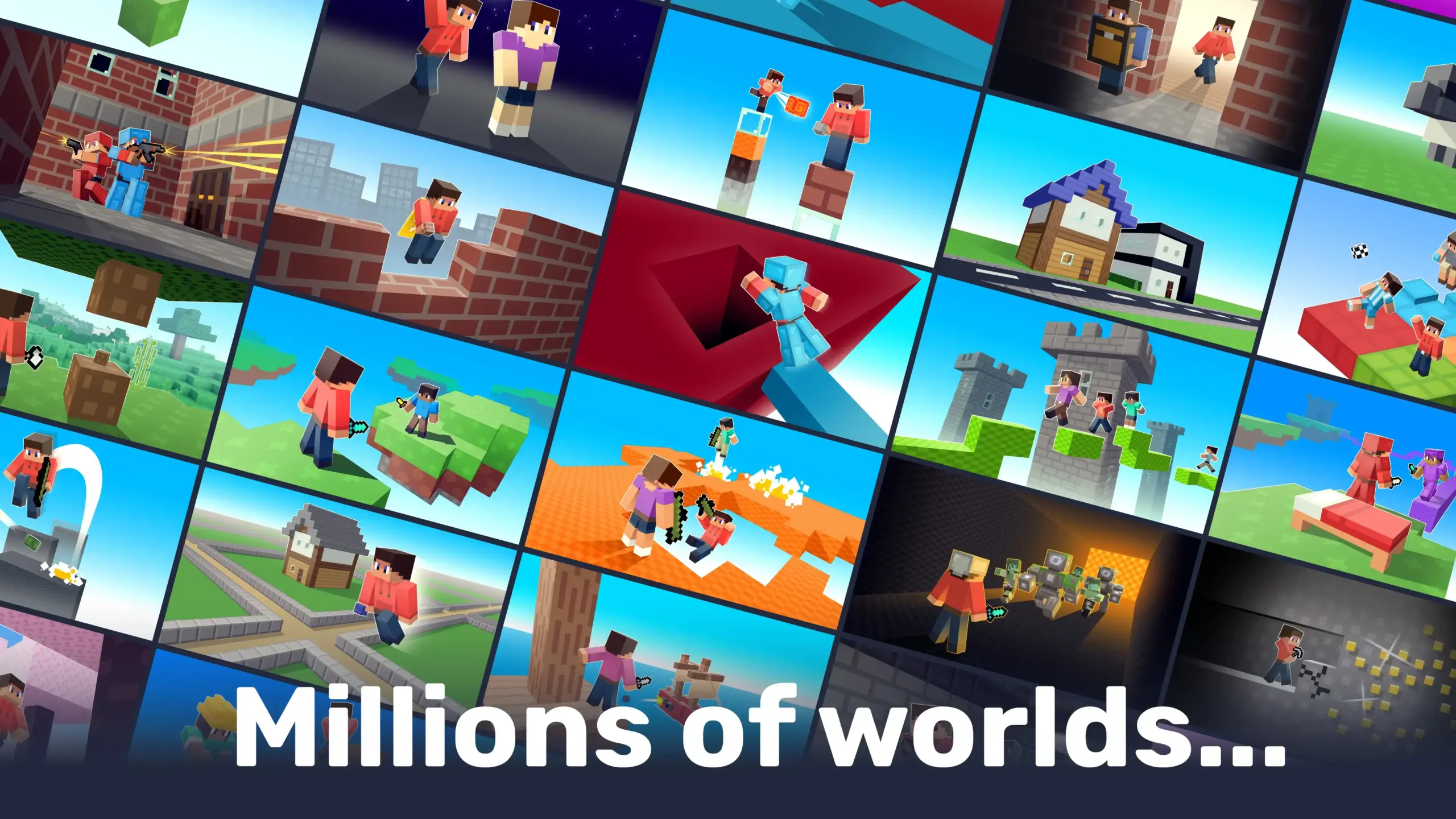 Collage of gameplay images from Bloxd.io Unblocked, showcasing various multiplayer worlds and different building scenes.