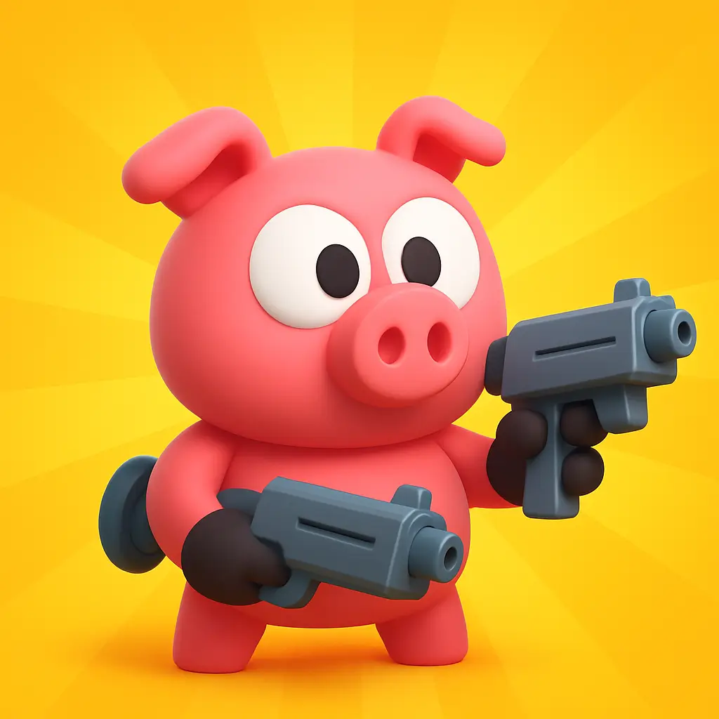 Cartoon piglet flying with a jetpack and laser gun in Cave Blast game