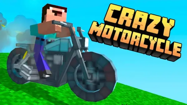 A blocky character on a motorcycle making a huge jump between floating islands in the Crazy Motorcycle game.