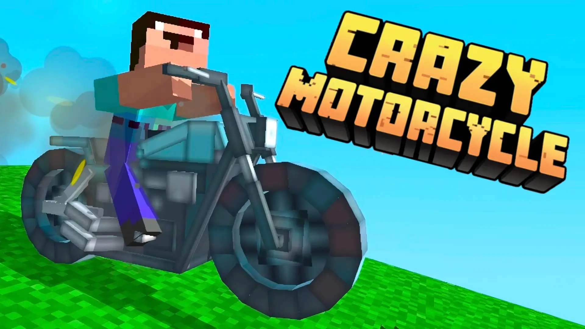 A blocky character on a motorcycle making a huge jump between floating islands in the Crazy Motorcycle game.