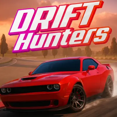 A highly customized sports car executing a perfect drift around a corner on a racetrack in the Drift Hunters game.