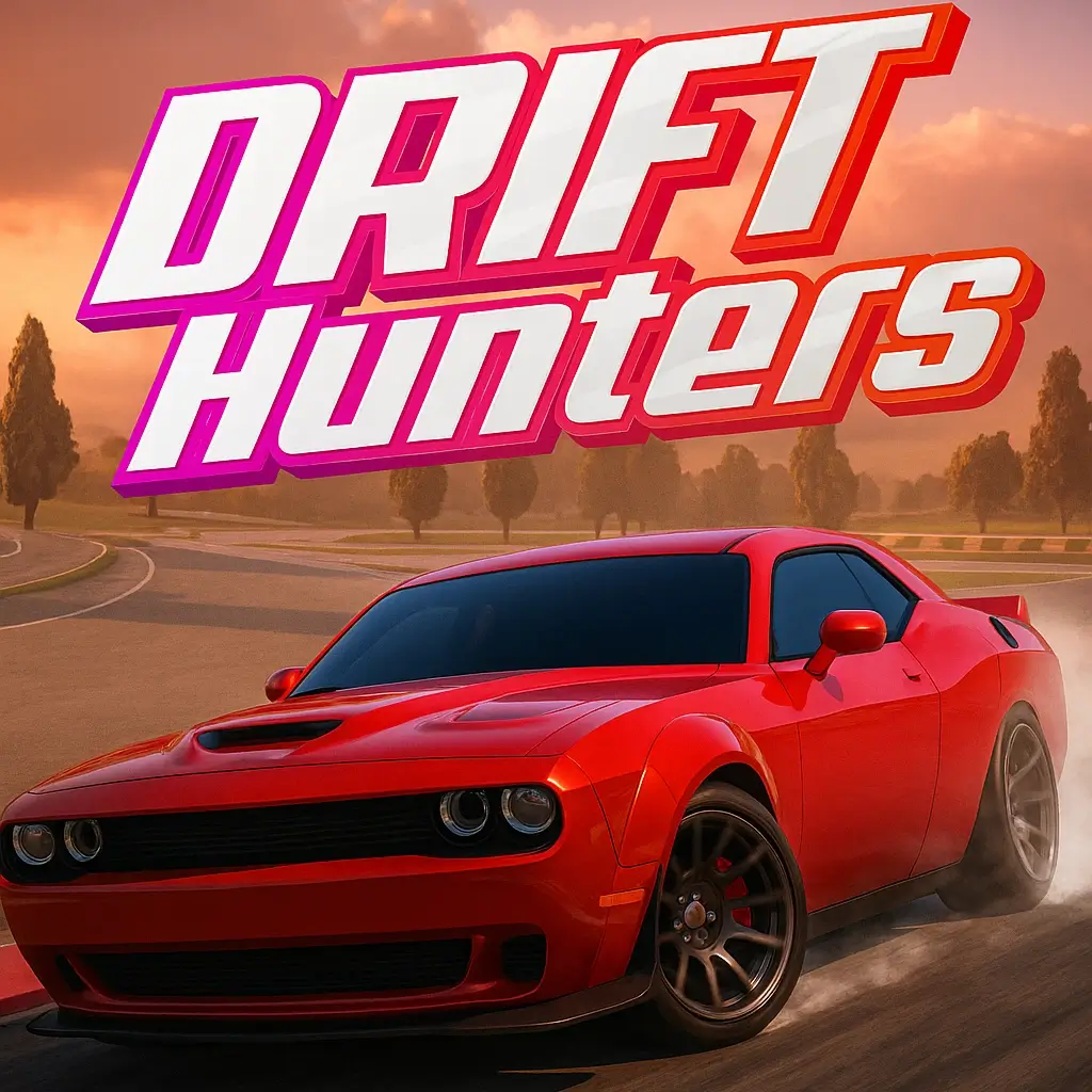 A highly customized sports car executing a perfect drift around a corner on a racetrack in the Drift Hunters game.