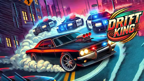A sleek getaway car executing a perfect drift to avoid a swarm of police cars in the Drift King game.