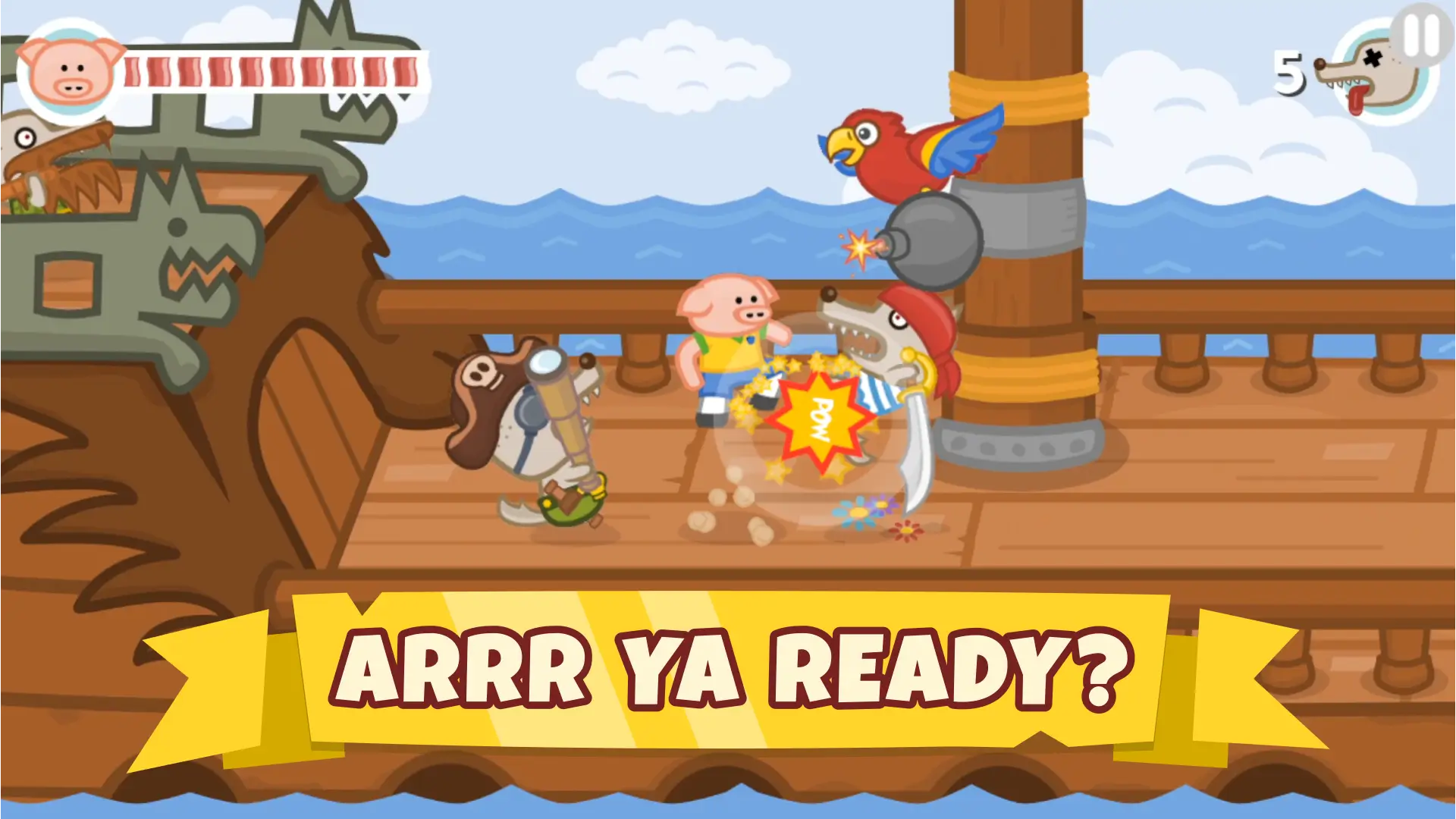 Pirate-themed battle in Iron Snout Unblocked with pig fighting off wolves on a pirate ship