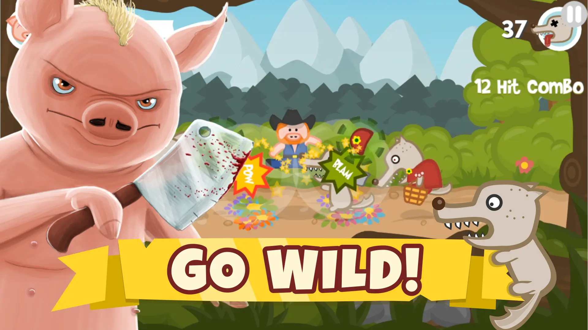 Angry pig battling wolves in a wild forest setting with a 12-hit combo in Iron Snout Unblocked