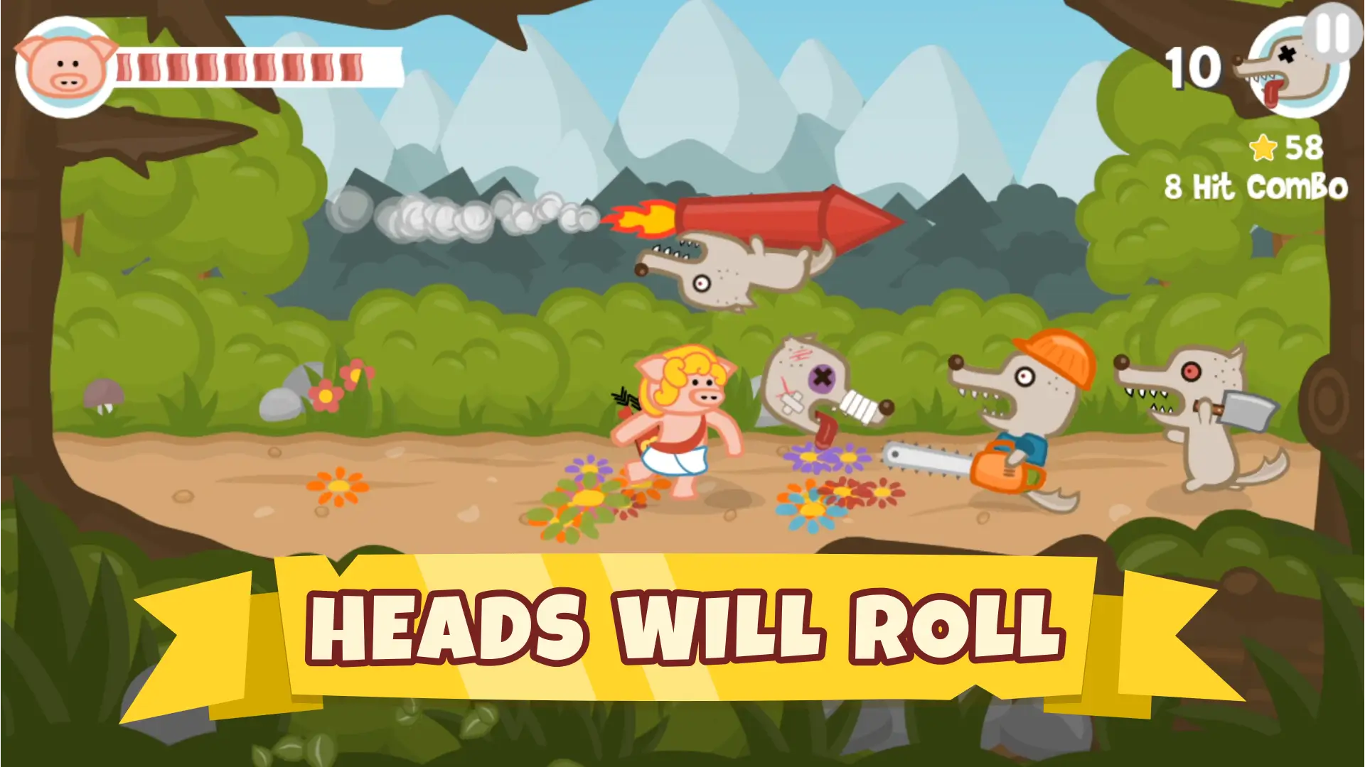 Pig in a toga facing wolves with a rocket and chainsaw in Iron Snout Unblocked