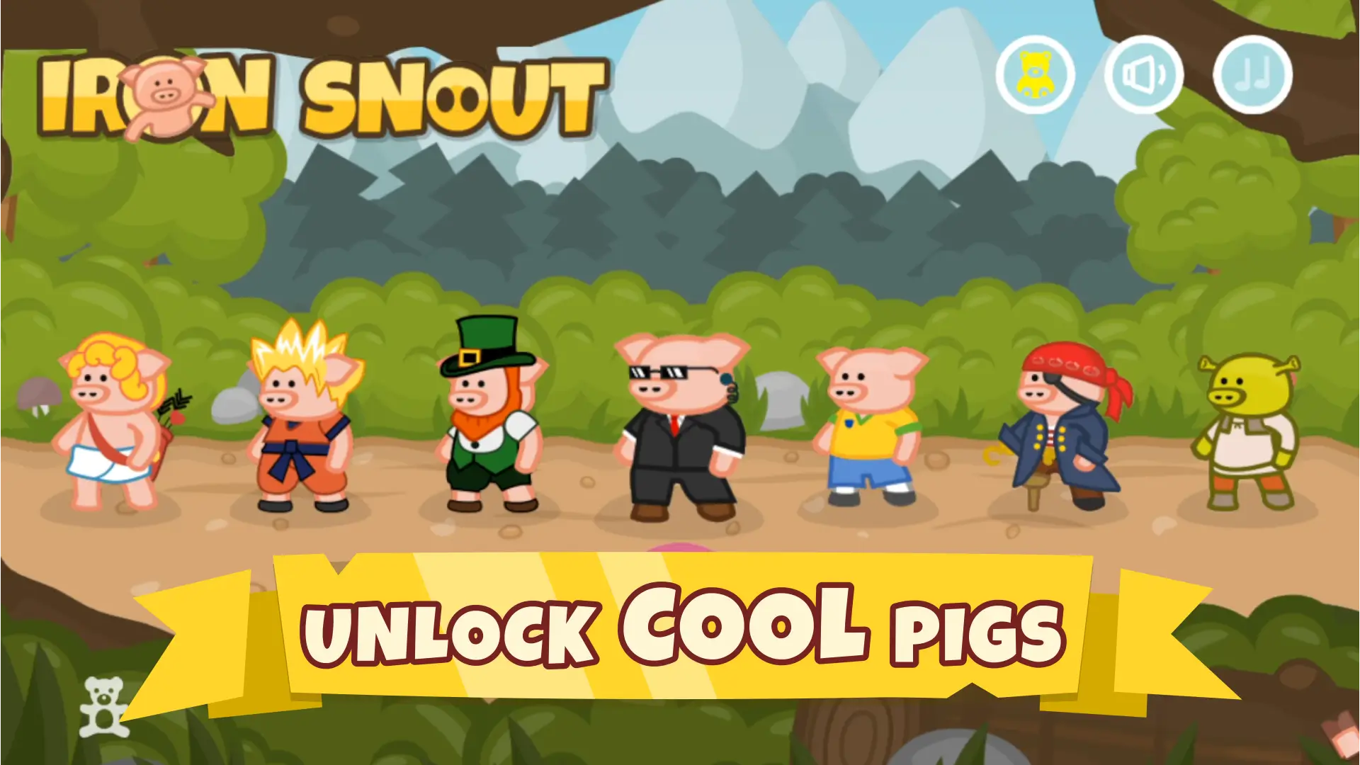 Different cool pigs in various costumes available for unlocking in Iron Snout Unblocked
