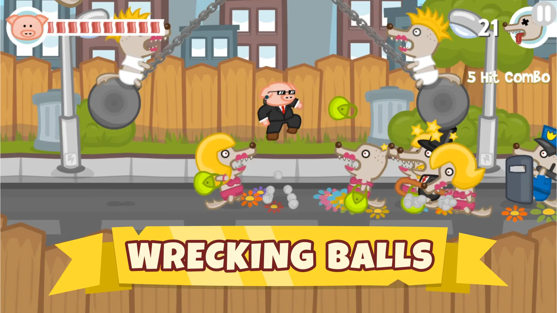 Pig in a suit fighting wolves with wrecking balls in Iron Snout Unblocked, featuring a 5-hit combo