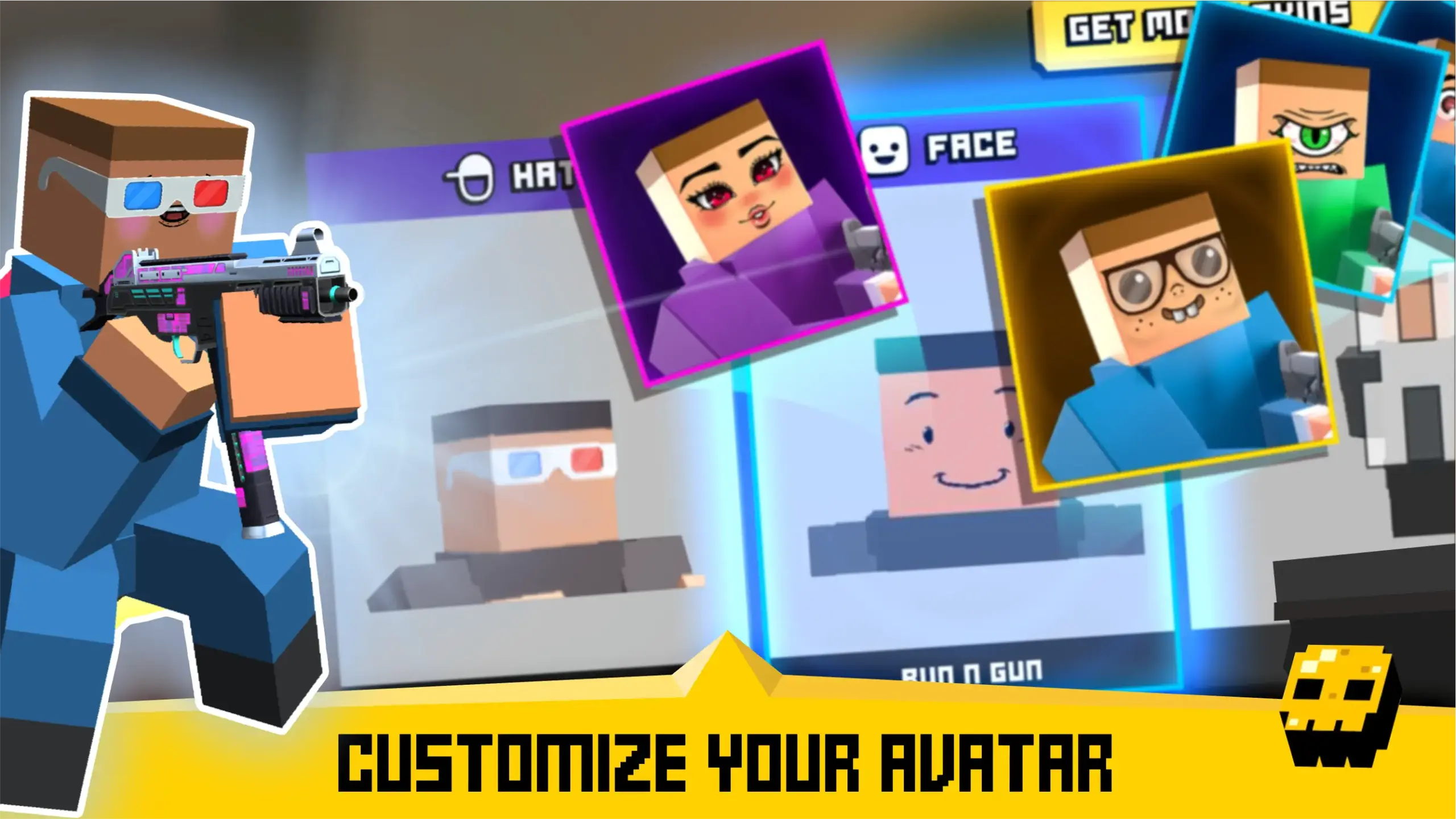 Krunker.io Unblocked customization screen showing avatars with different hats and faces while holding a gun