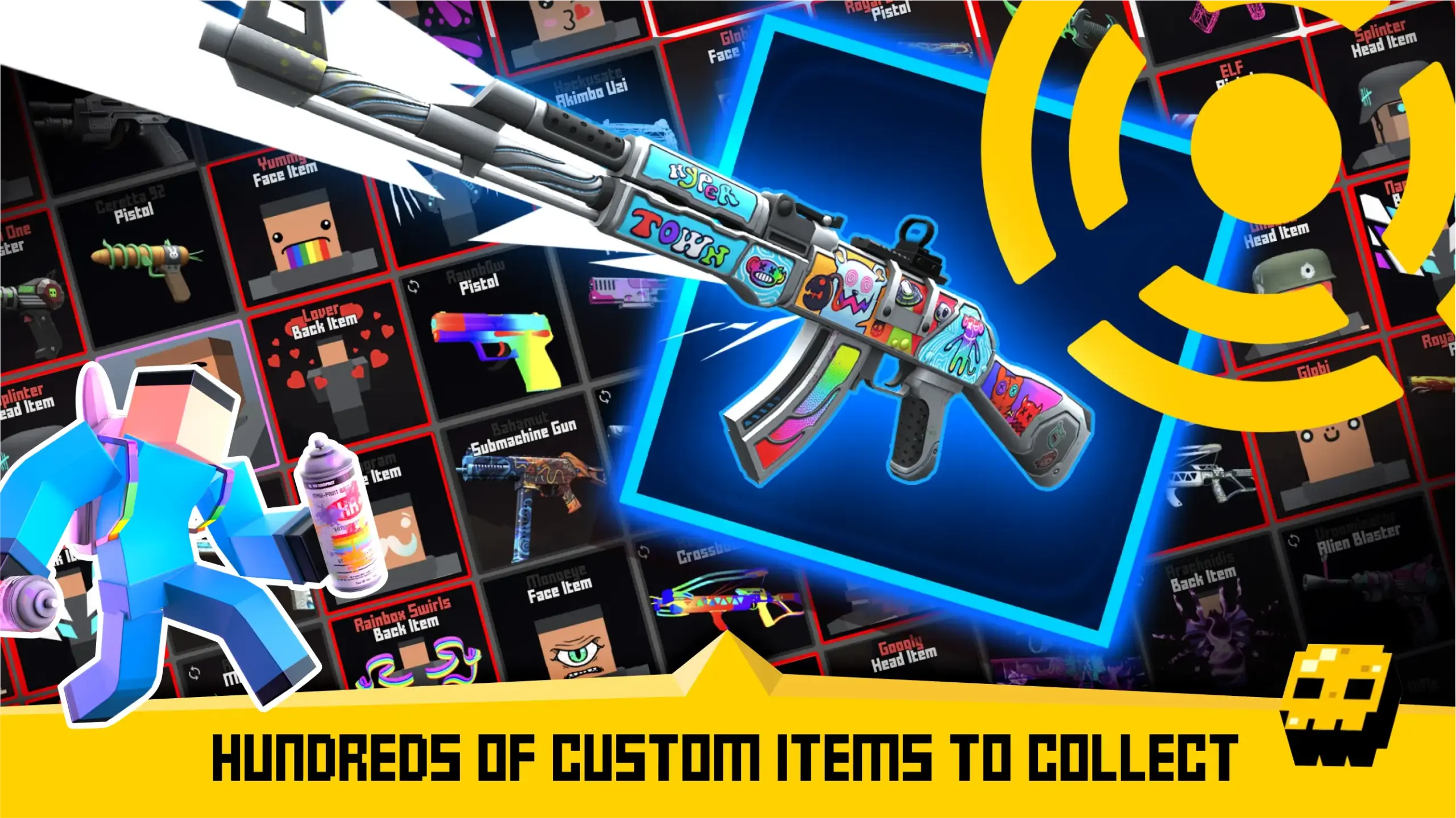 Hundreds of custom items to collect in Krunker.io Unblocked, showcasing various skins, weapons, and accessories
