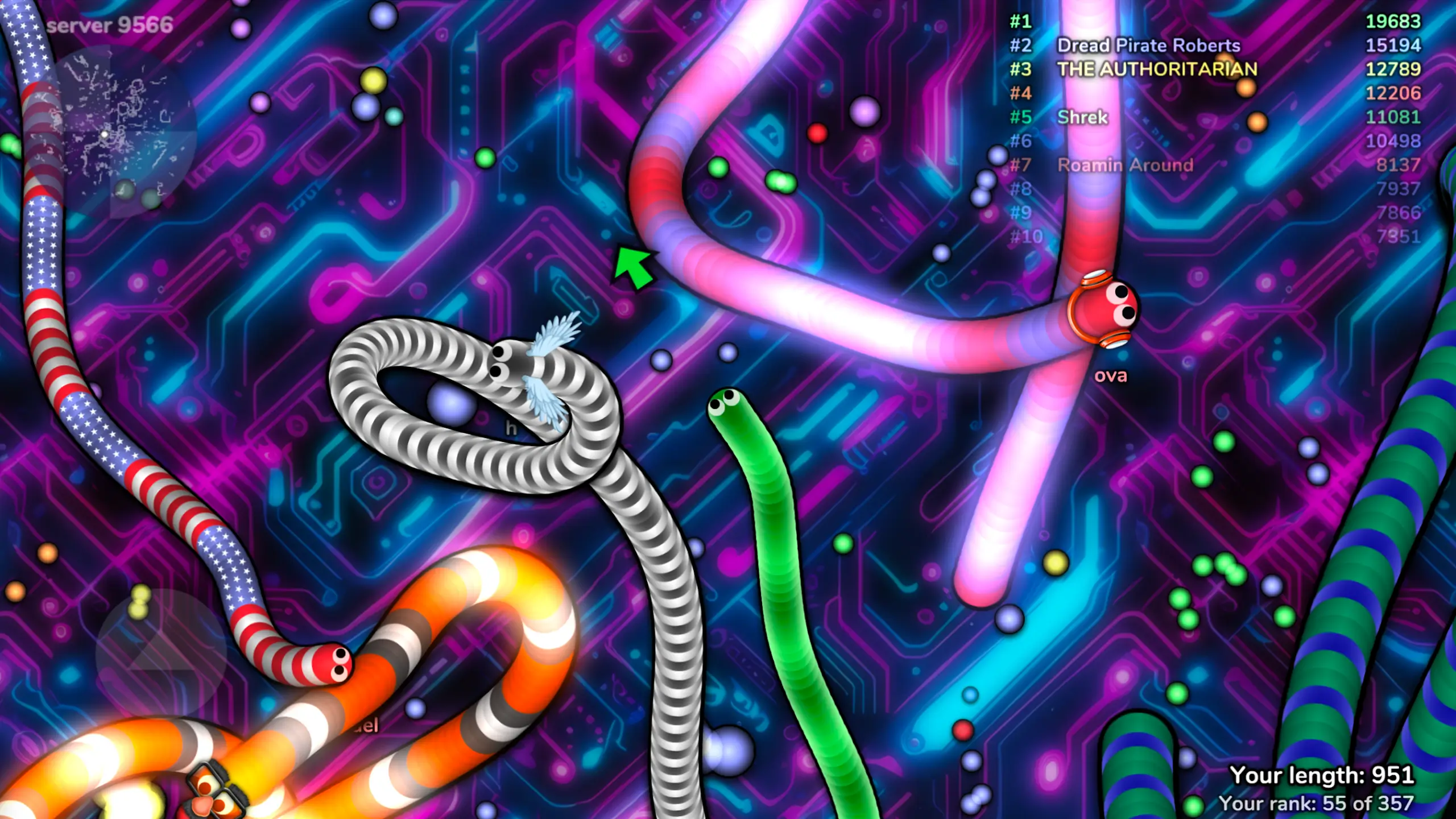 Screenshot of intense gameplay in Slither.io multiplayer snake battle