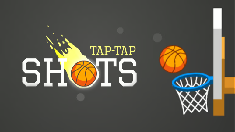 Ball bouncing towards the hoop with styled title on top of it 'Tap Tap Shots'