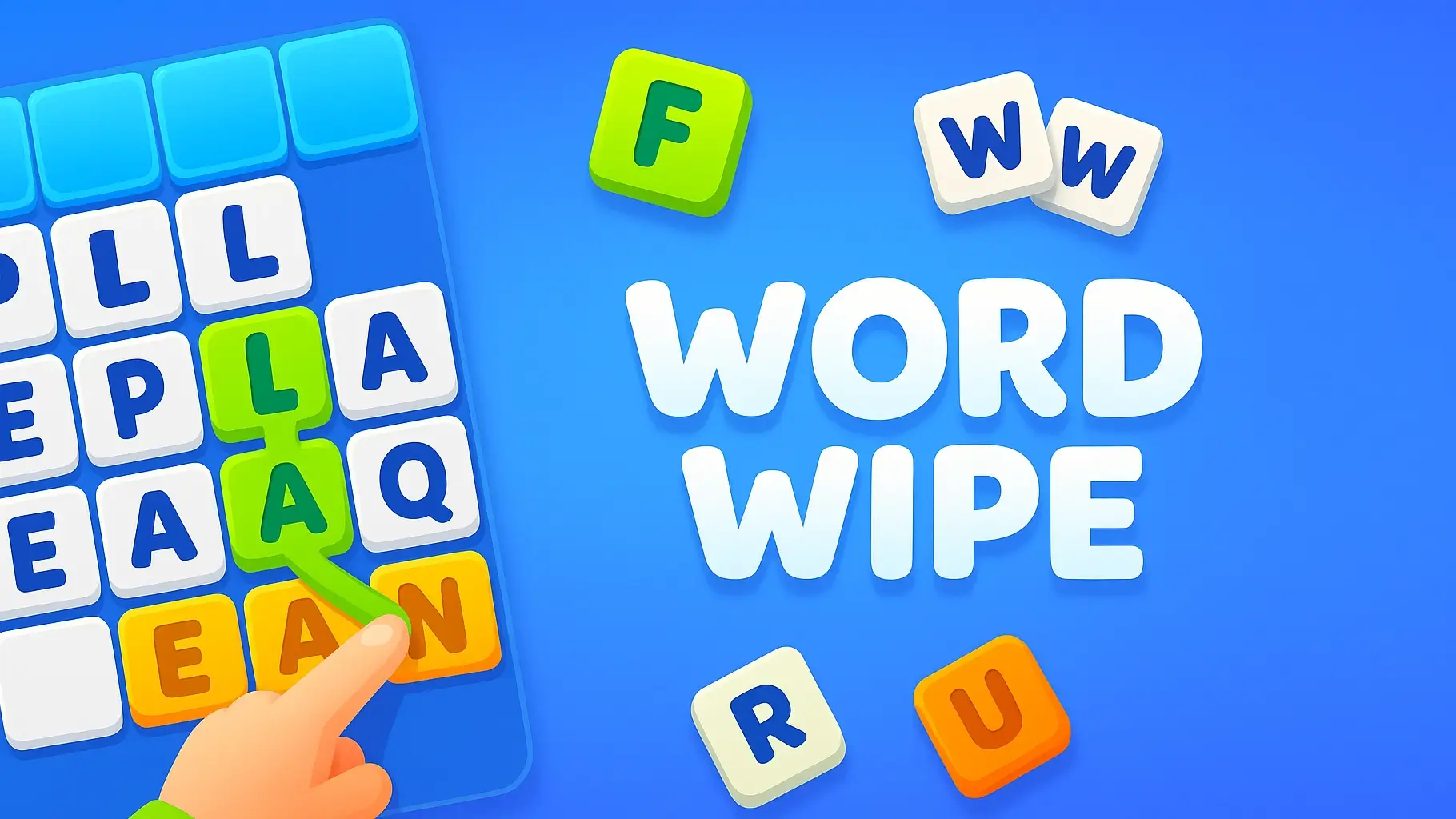 Word Wipe game grid with letter tiles forming words and cool game title logo