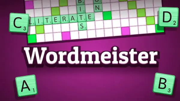 A beautifully rendered game board from Wordmeister, showing wooden letter tiles forming words on the grid.