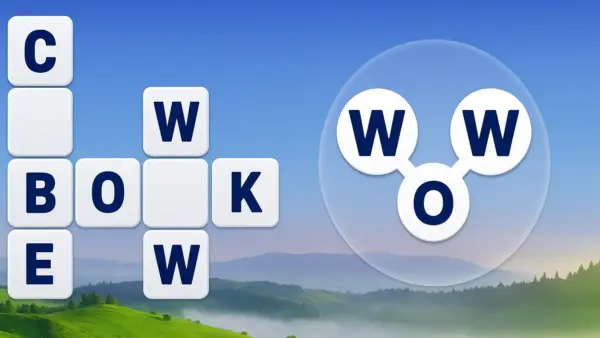 A beautiful game board from Words of Wonders, showing a crossword puzzle set against the backdrop of green natural mountains.