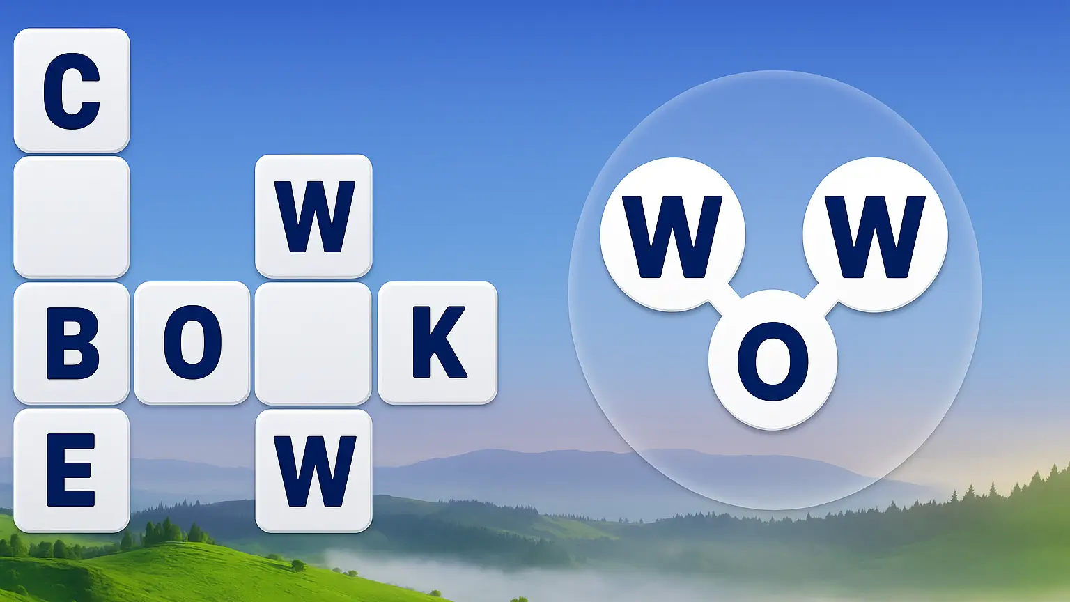 A beautiful game board from Words of Wonders, showing a crossword puzzle set against the backdrop of green natural mountains.