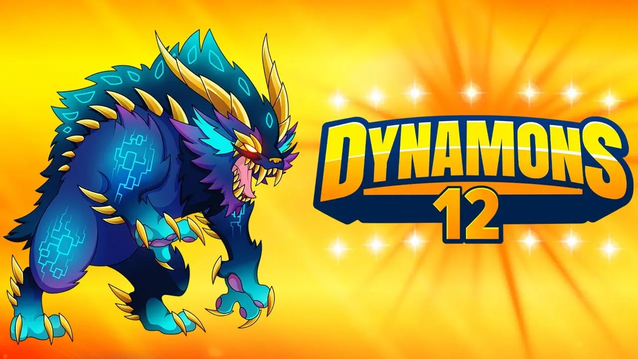 An exciting battle scene from the Dynamons 12 game, showing two powerful Dynamons clashing with elemental attacks.