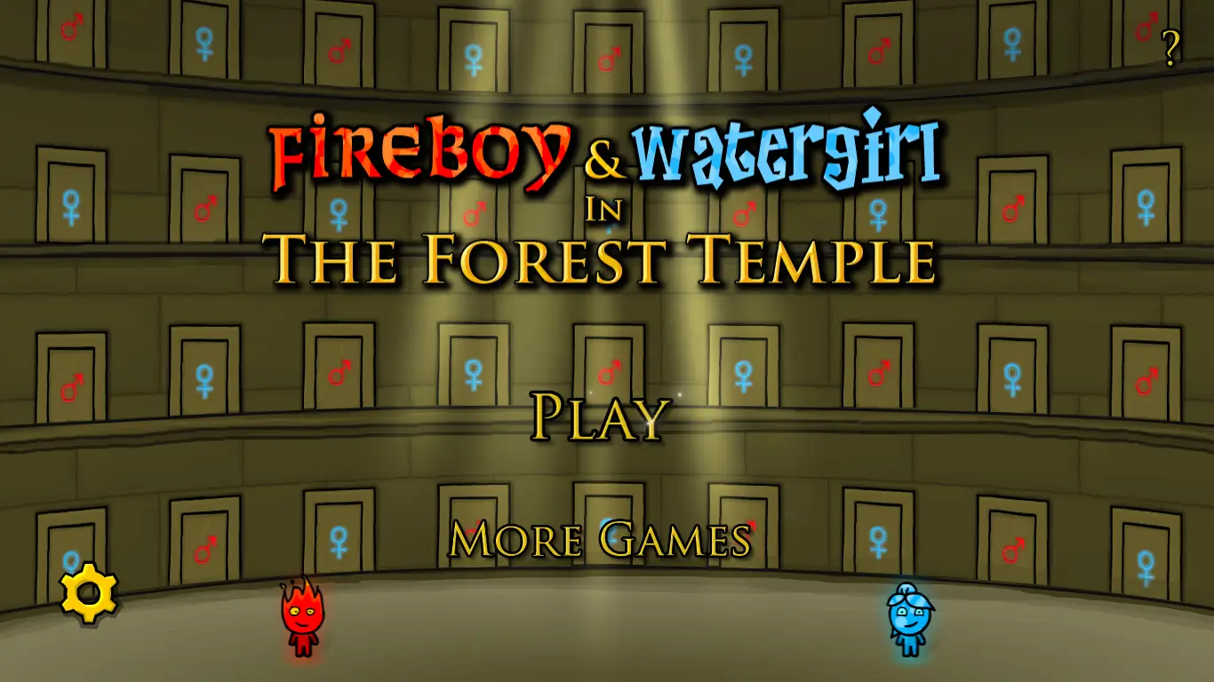 Fireboy and Watergirl standing together at the start of a level in the iconic Forest Temple.