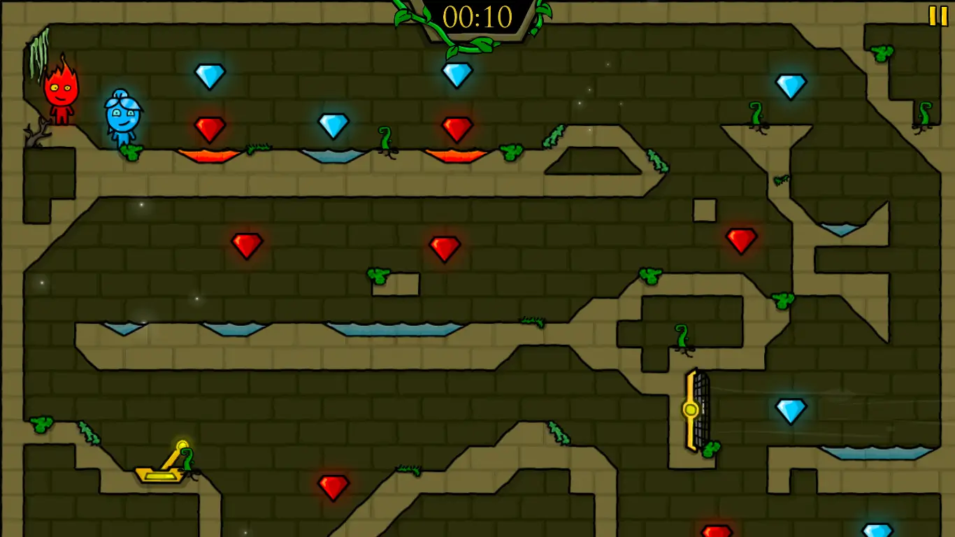Fireboy standing on a button to help Watergirl pass an obstacle in Forest Temple