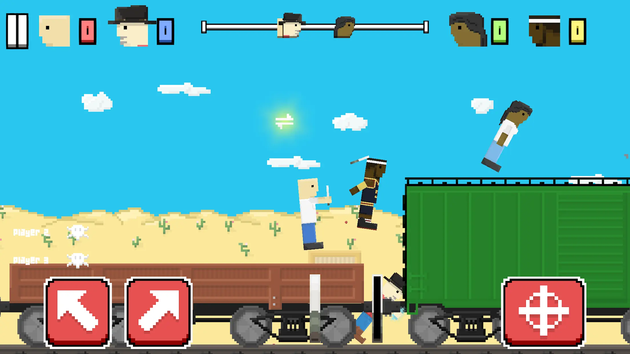A screenshot from the Getaway Shootout game showing a player in mid-air, having jumped to navigate an obstacle.