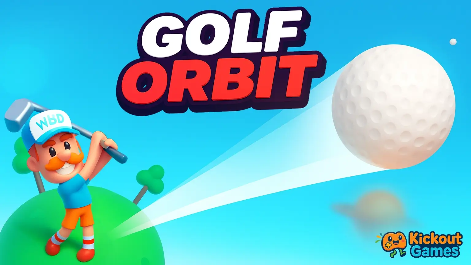 A golf ball soaring high above a colorful landscape, with planets and stars in the background, in the Golf Orbit game.