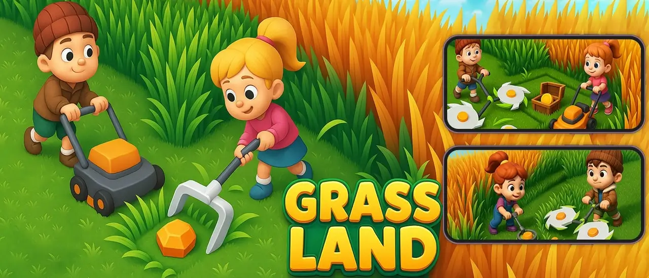 Two characters from the Grass Land game using a powerful grass cutter to clear a lush, green field.