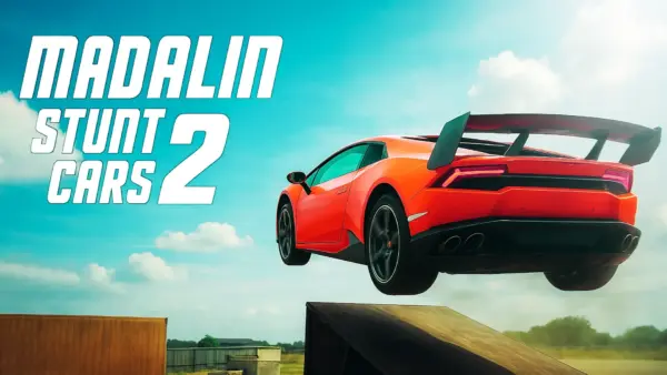 A Lamborghini supercar flying through the air off a giant ramp in the Madalin Stunt Cars 2 game.