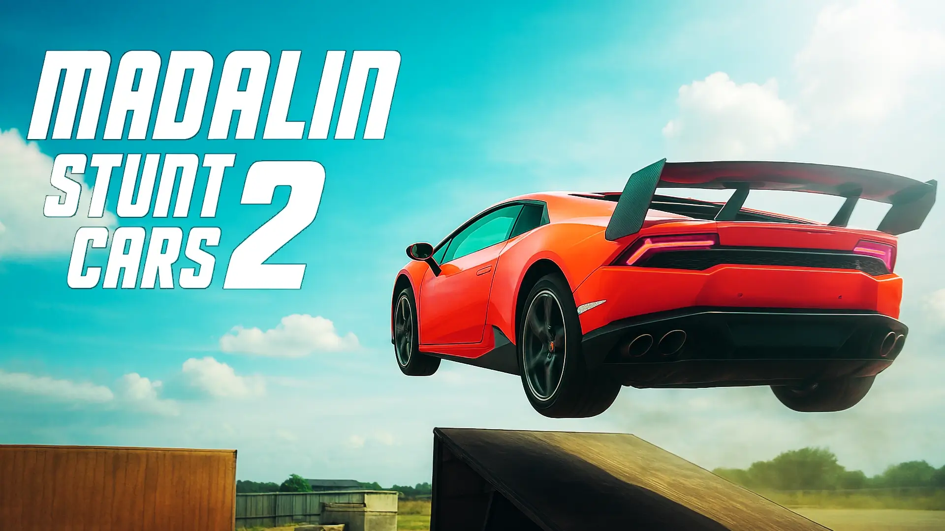 A Lamborghini supercar flying through the air off a giant ramp in the Madalin Stunt Cars 2 game.