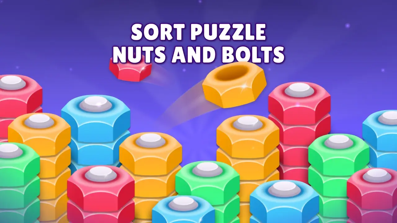 A colorful and satisfying image from the Nut Sort game, showing several bolts perfectly sorted with nuts of the same color.