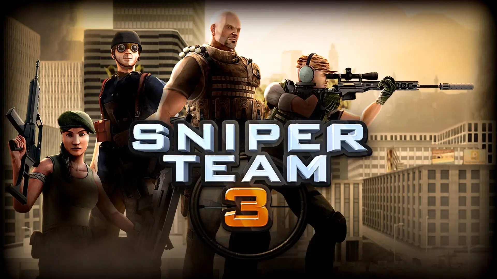 A dramatic shot from the Sniper Team 3 game, showing a sniper's scope view of a desert warzone with enemies in the distance.