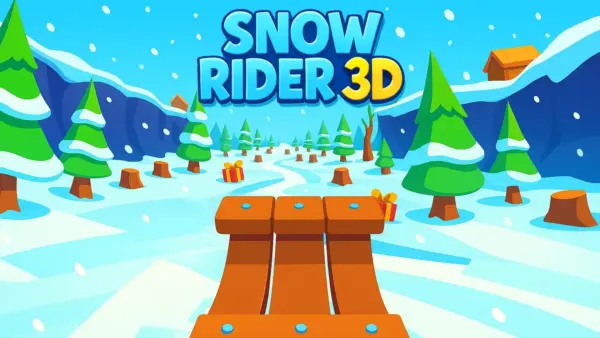 A player skillfully maneuvering a sled down a snowy slope, dodging trees and rocks in the Snow Rider 3D game.