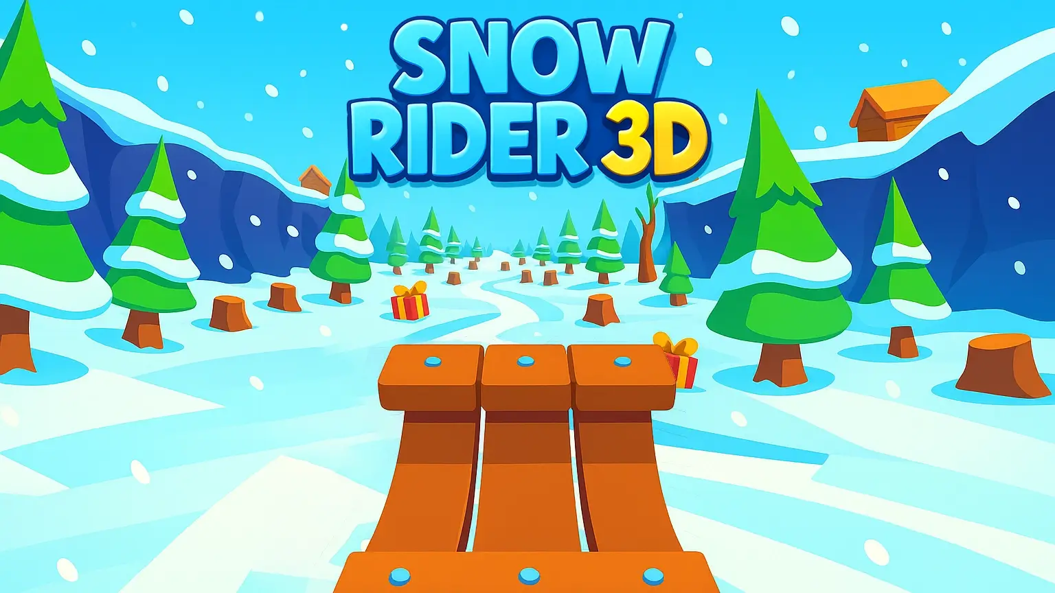 A player skillfully maneuvering a sled down a snowy slope, dodging trees and rocks in the Snow Rider 3D game.