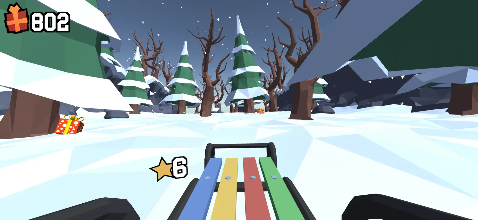 A screenshot from the Snow Rider 3D game showing a sled making a sharp turn to narrowly avoid a large pine tree.