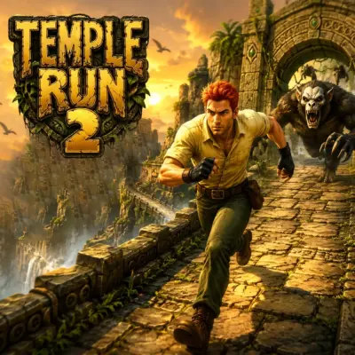 A character from the Temple Run 2 game sprinting down a narrow stone path, with a giant Evil Demon Monkey in hot pursuit.