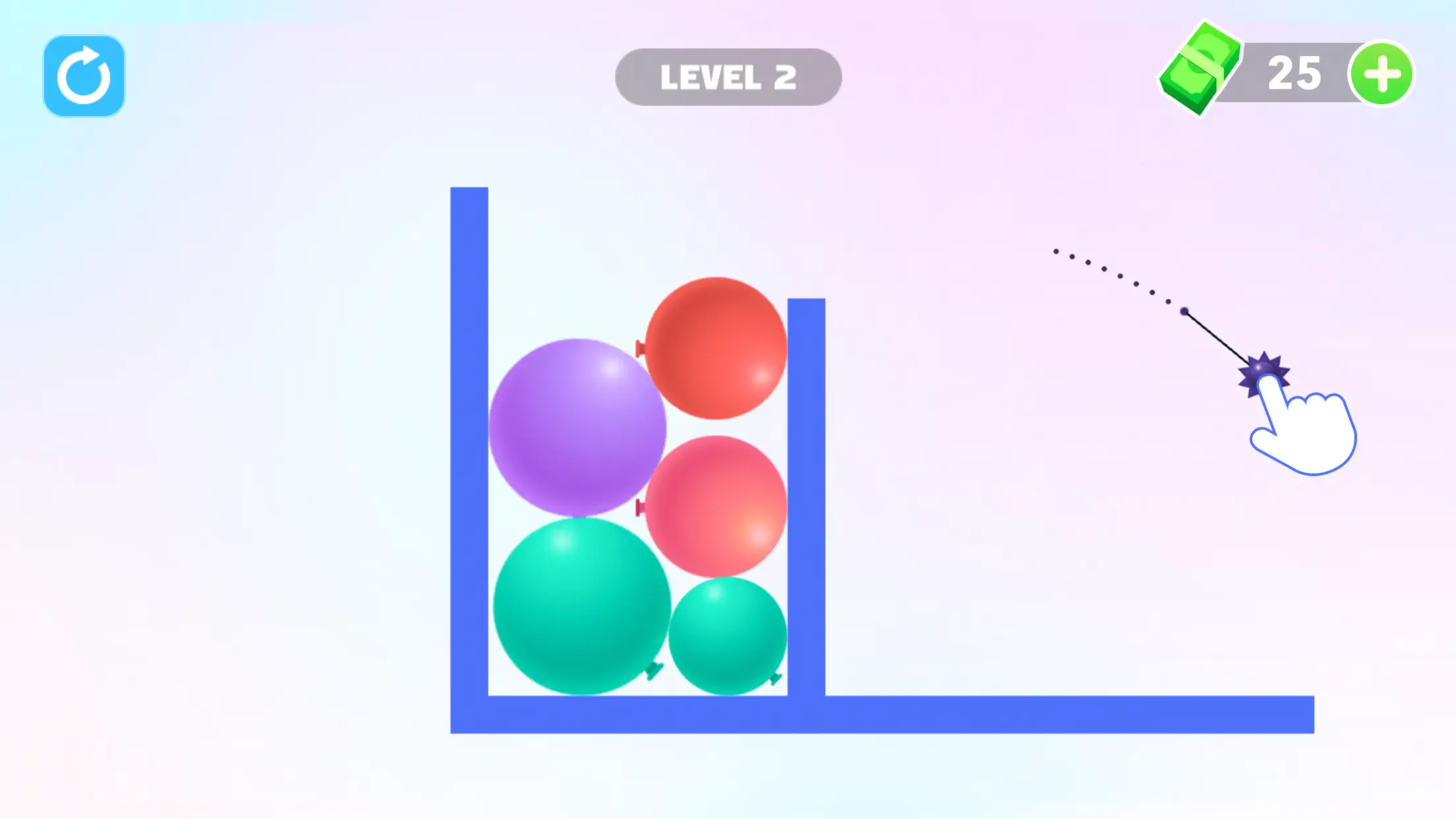 Thorn ball flying through balloons in Thorn and Balloons puzzle game - level 2