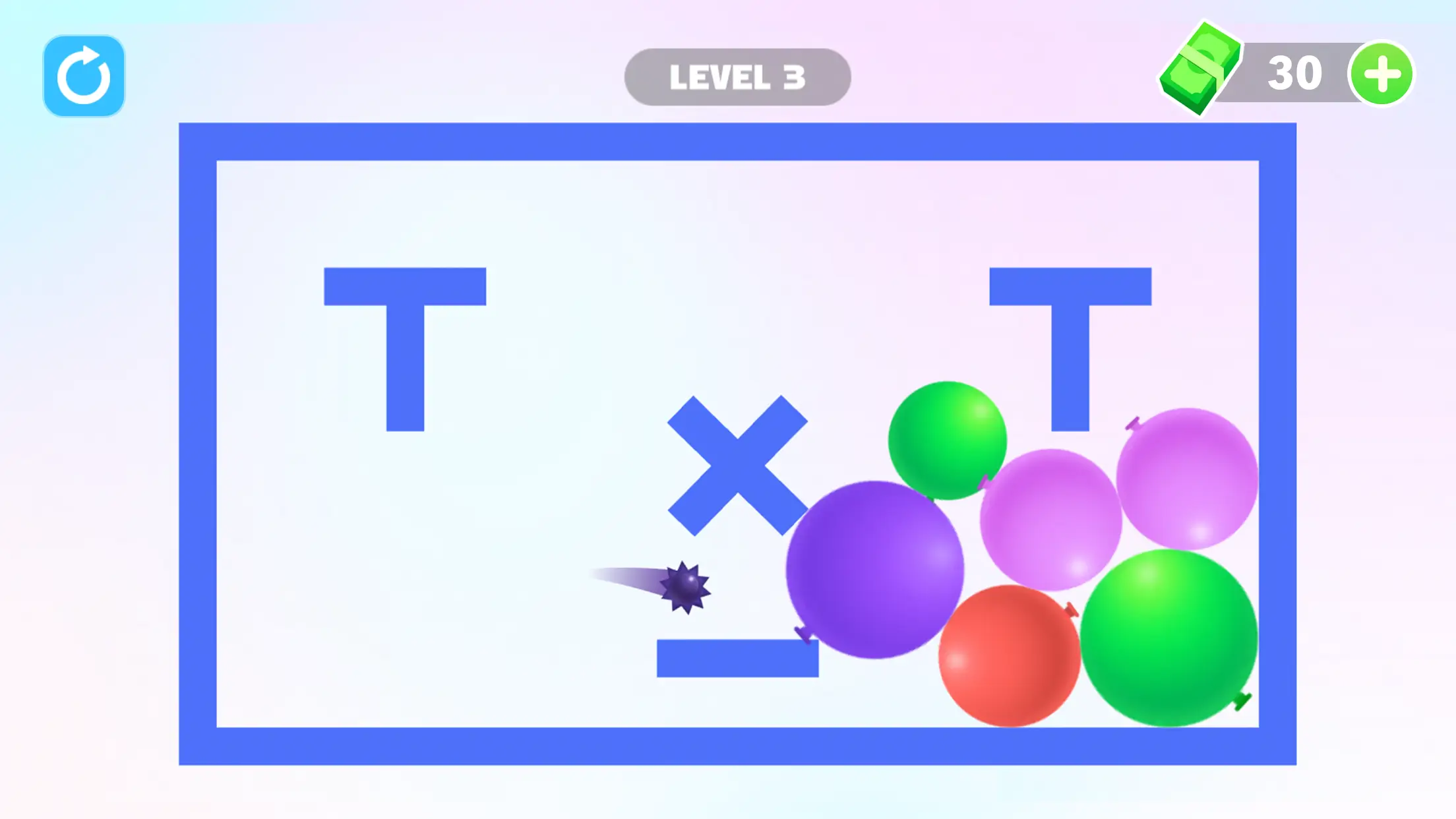 A screenshot from the Thorn and Balloons game showing the trajectory line for a complex ricochet shot aimed at multiple balloons - level 3