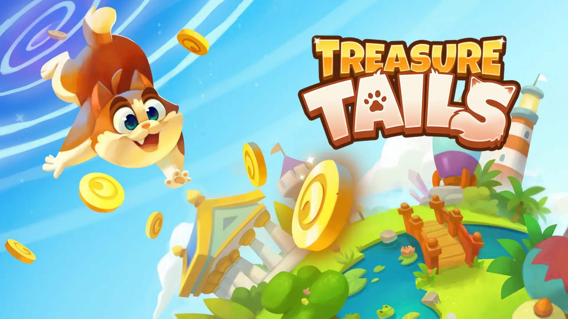 The mischievous cat Ziggy from Treasure Tails, jumping proudly and happy to a colorful village he has built.
