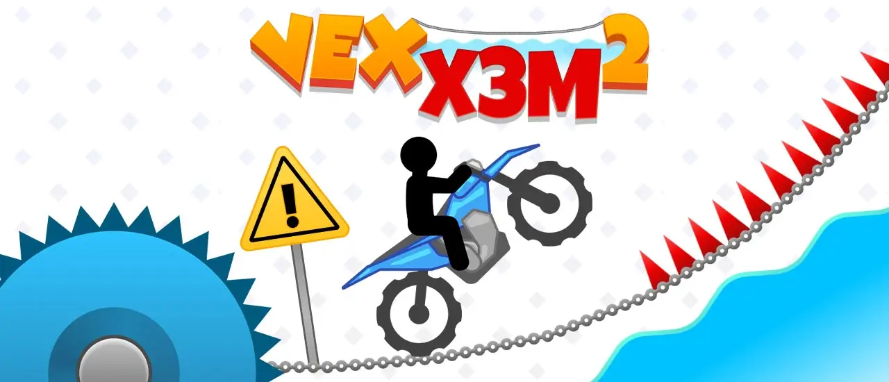 A stickman character on a dirt bike using a kite to glide over a dangerous gap in the Vex X3M 2 game.