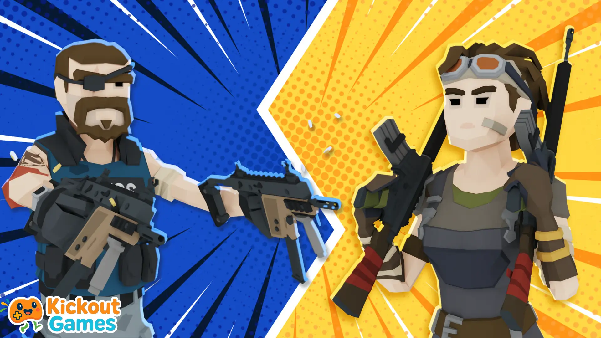 Two low-poly characters aiming rifles in Build Now GG 1v1 arena battle illustration.