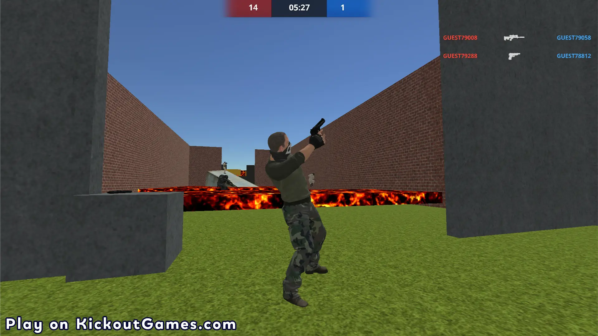 Combat Online screenshot showing a player in action shooting with a pistol in a fiery arena