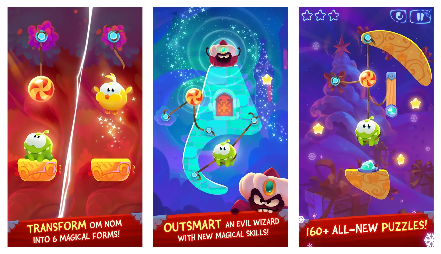 Cut the Rope Magic Unblocked gameplay showing Om Nom flying and collecting stars in magical worlds